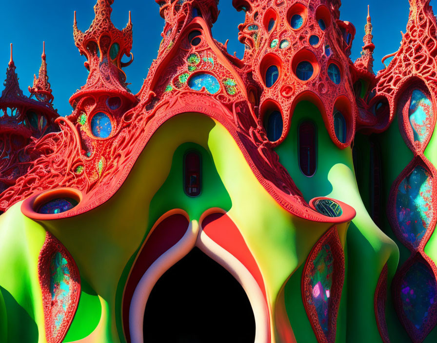 Colorful psychedelic architectural structure with organic shapes and intricate patterns