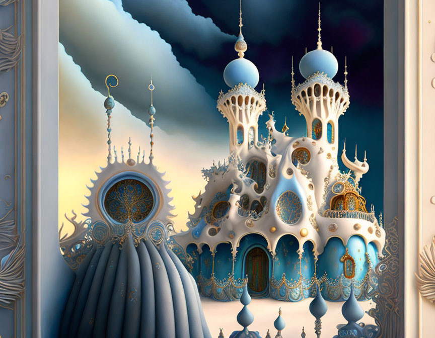 Ornate palace with domes and towers in arabesque design