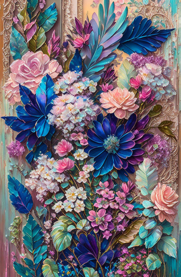 Colorful Floral Painting with Textured Petals in Blue, Pink, and Purple