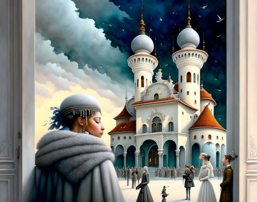 Woman in white headscarf and grey cloak gazes at fantastical castle scene
