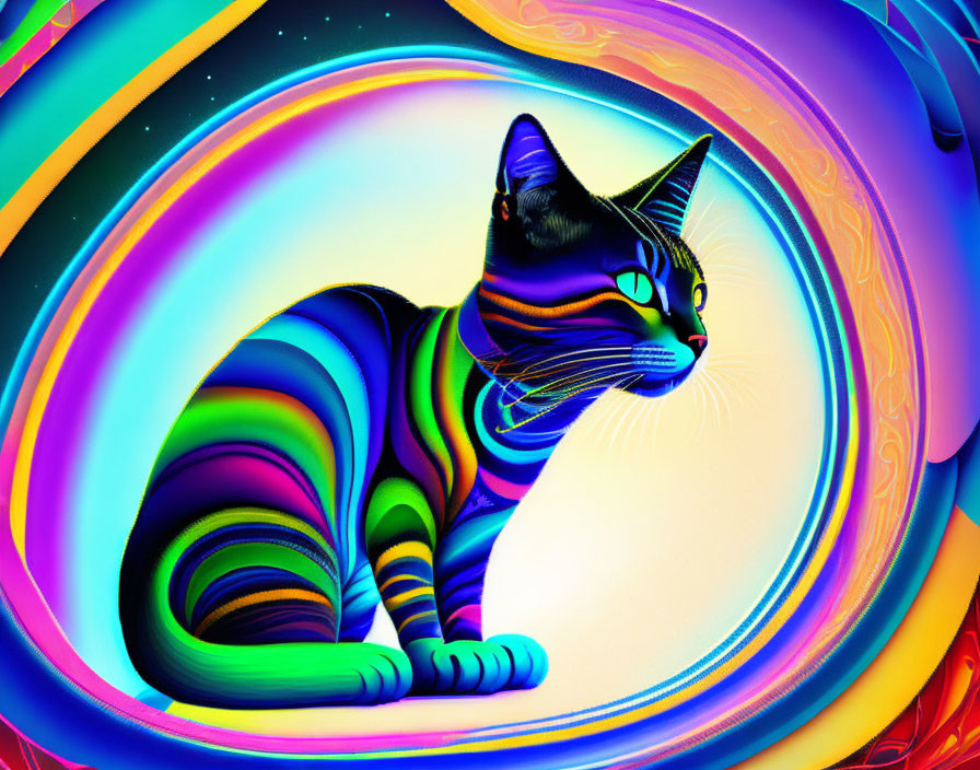 Colorful Psychedelic Cat Artwork with Rainbow Patterns on Neon Background