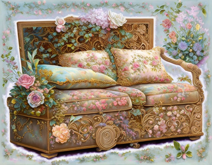 Vintage Floral Patterned Sofa Surrounded by Lush Greenery