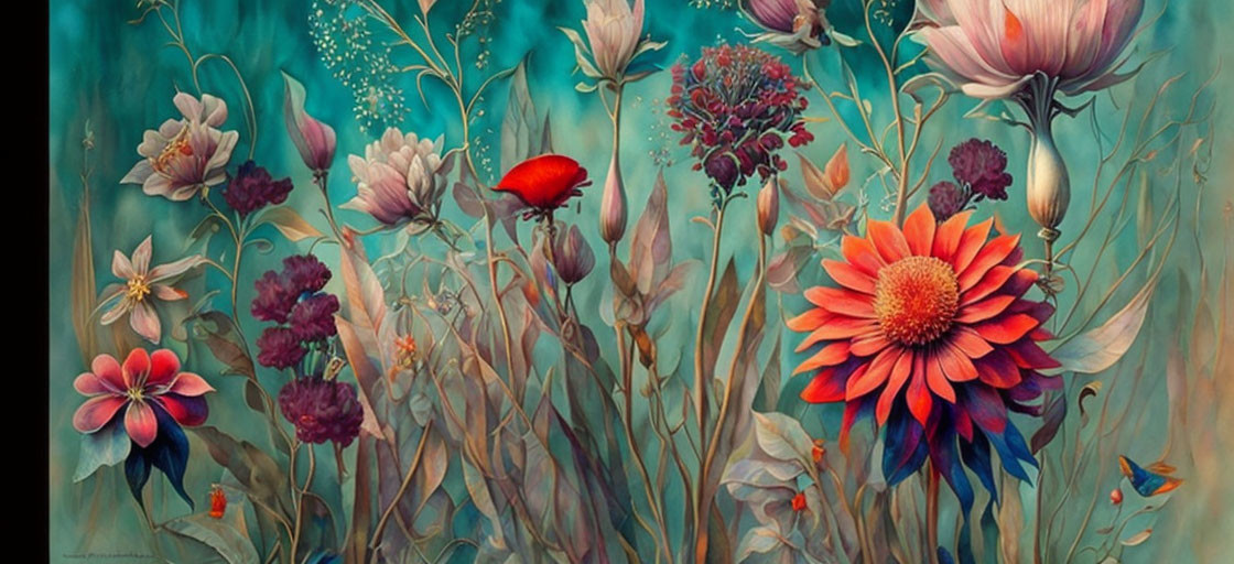 Colorful Flower Illustration on Turquoise Background