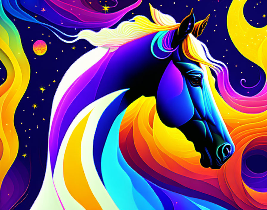 Colorful Stylized Unicorn Illustration in Outer Space with Stars and Planets