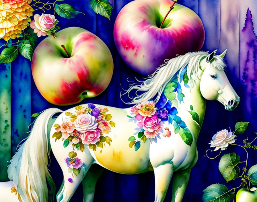 Colorful White Horse with Floral Patterns and Hyper-Realistic Apples in Lush Flower Background