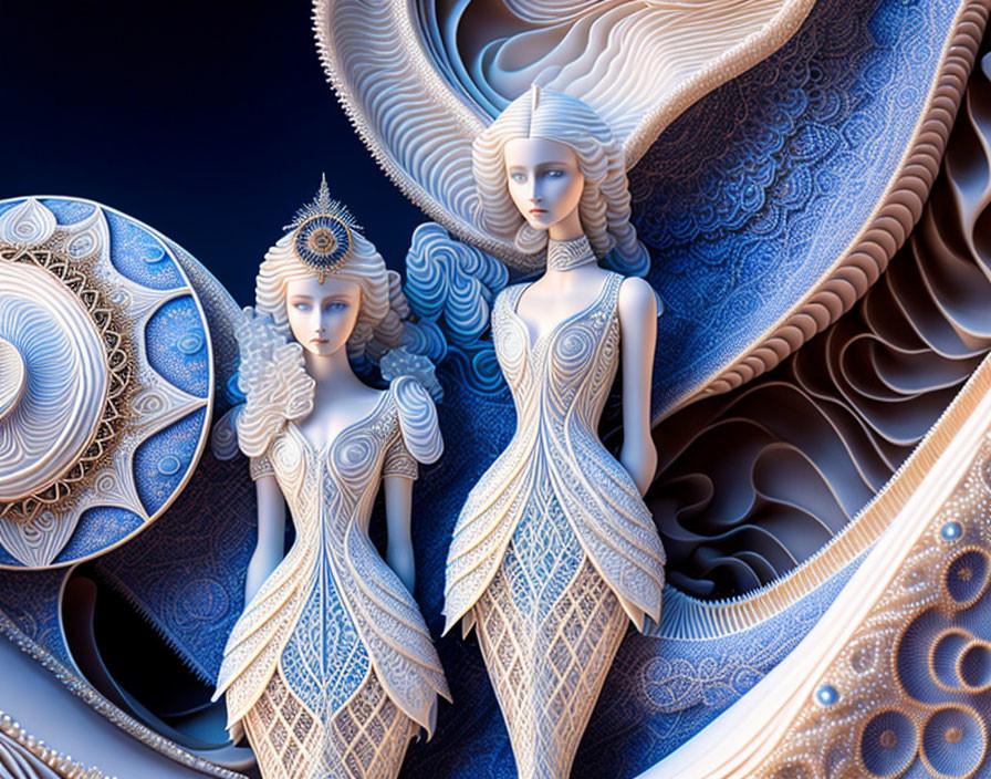 Stylized ornate female figures in elaborate dresses against blue fractal background
