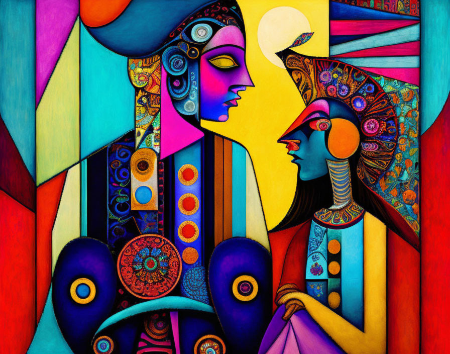 Colorful Cubist Painting with Stylized Figures & Geometric Background