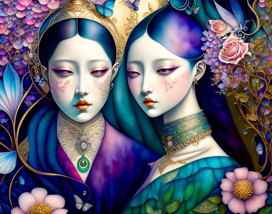 Colorful Illustration of Two Women in Traditional Attire and Floral Background