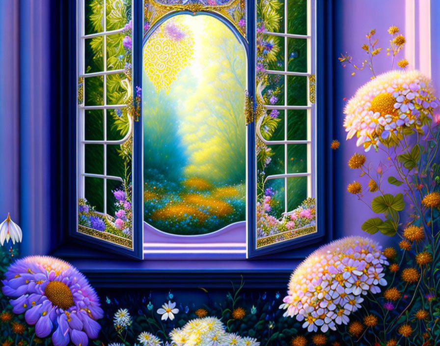 Ornate Window Showing Magical Garden with Glowing Flowers