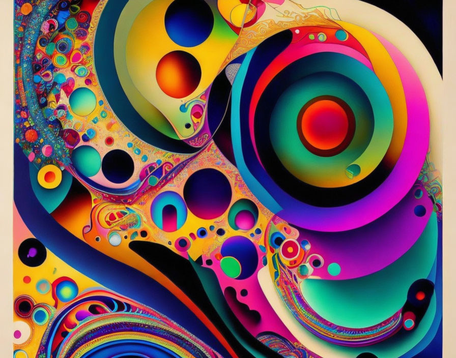 Colorful abstract art with swirls and circles in blues, reds, and yellows
