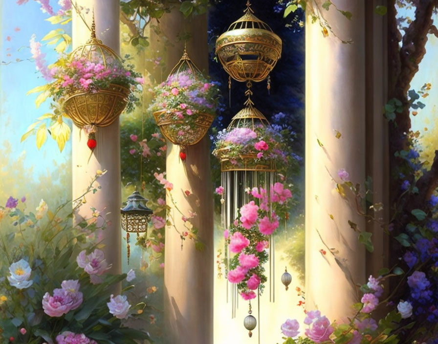 Enchanting garden with pink flowers, golden cages, wind chimes, tall pillars