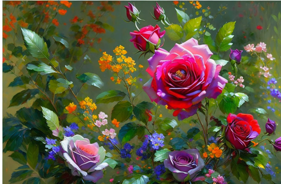 Colorful painting of pink and purple roses with green foliage and flowers