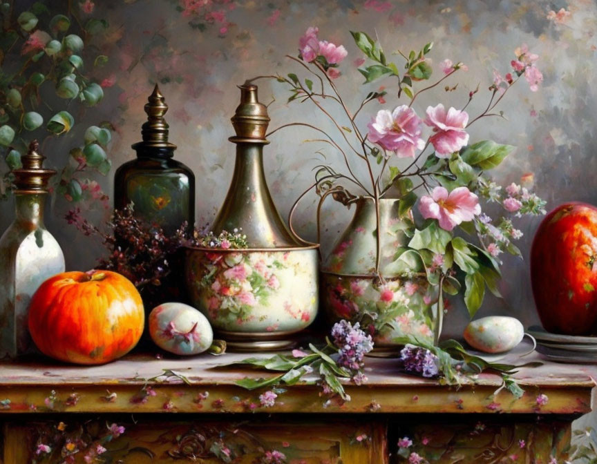 Elegant still life painting with peach, figs, brass vase, jars, and flowers
