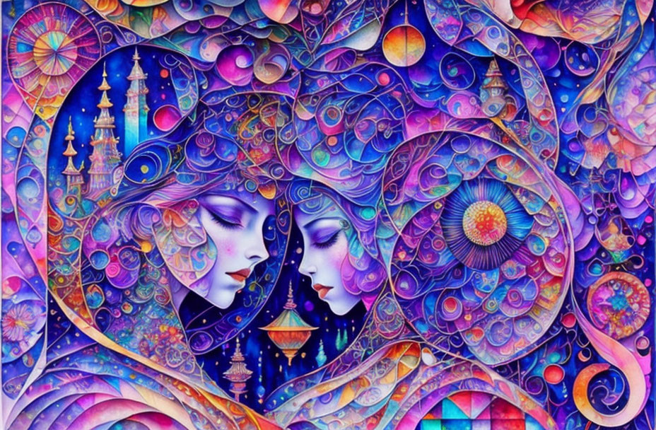 Colorful psychedelic artwork: two faces in profile with intricate cosmic patterns and fantastical architecture.