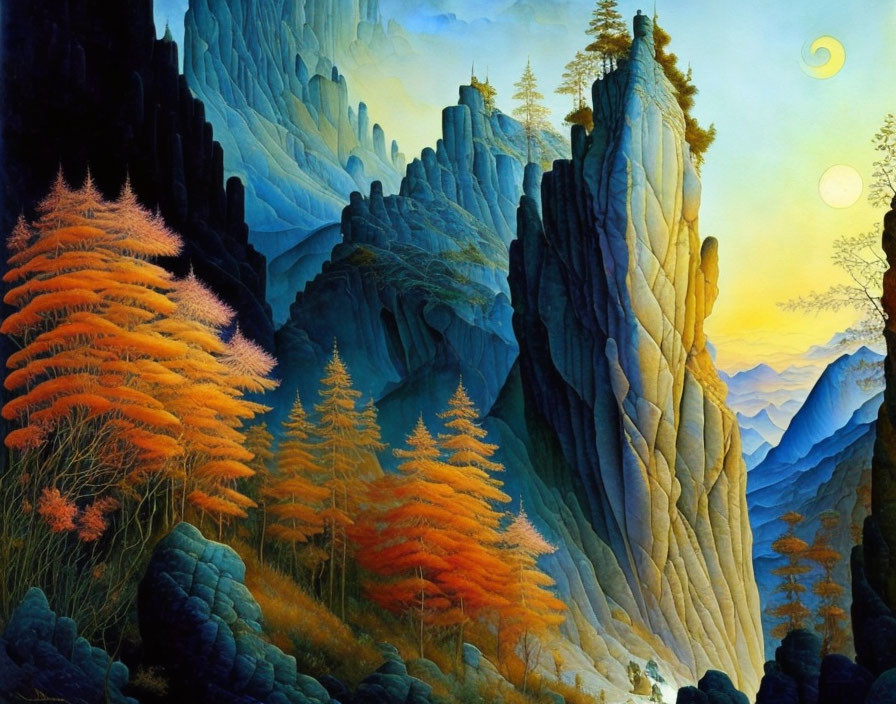 Colorful painting of mystical landscape with cliffs, autumn trees, mountains, and crescent moon