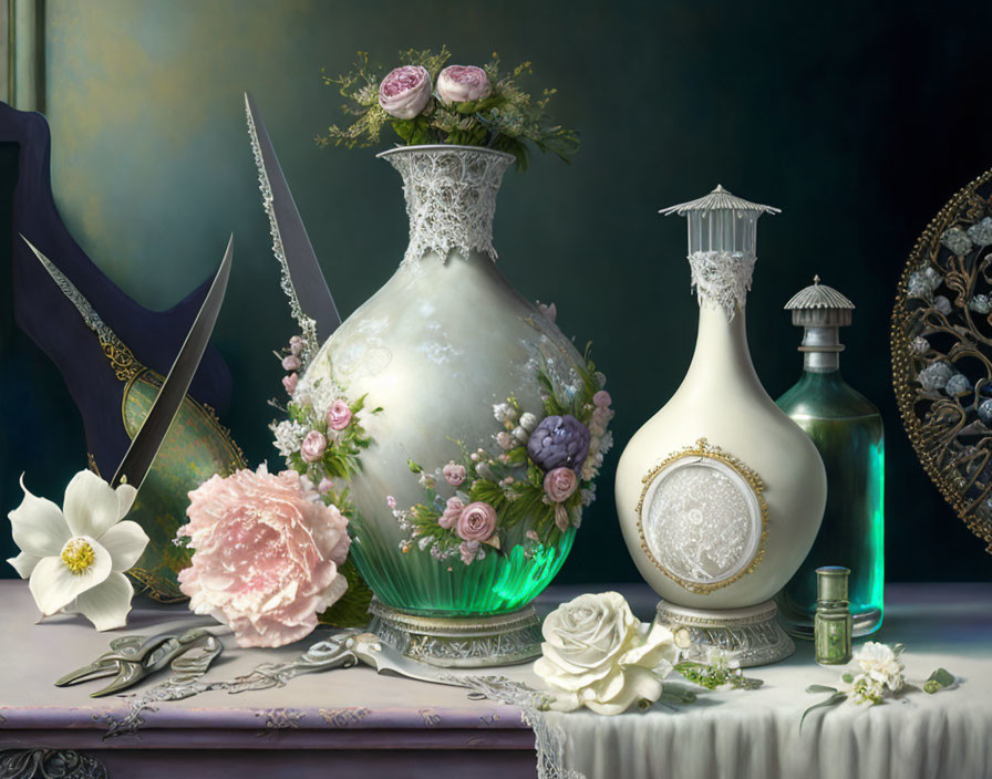 Vintage perfume bottles, flowers, and scissors on moody backdrop
