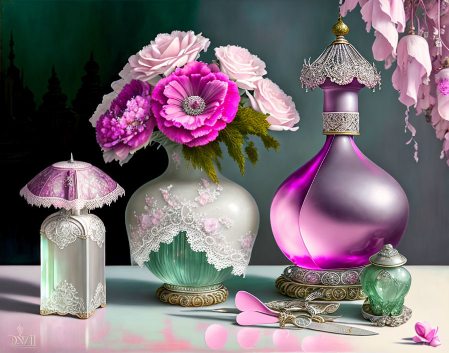 Ornate perfume bottles, pink flowers, lace, silverware on reflective surface