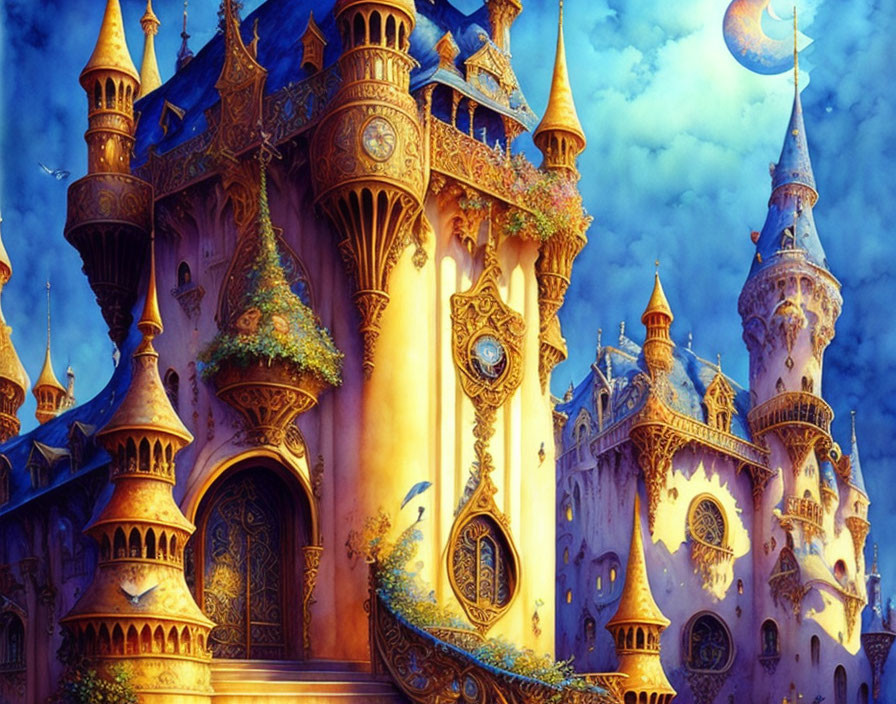 Fantasy castle with golden spires and blue rooftops under twilight sky