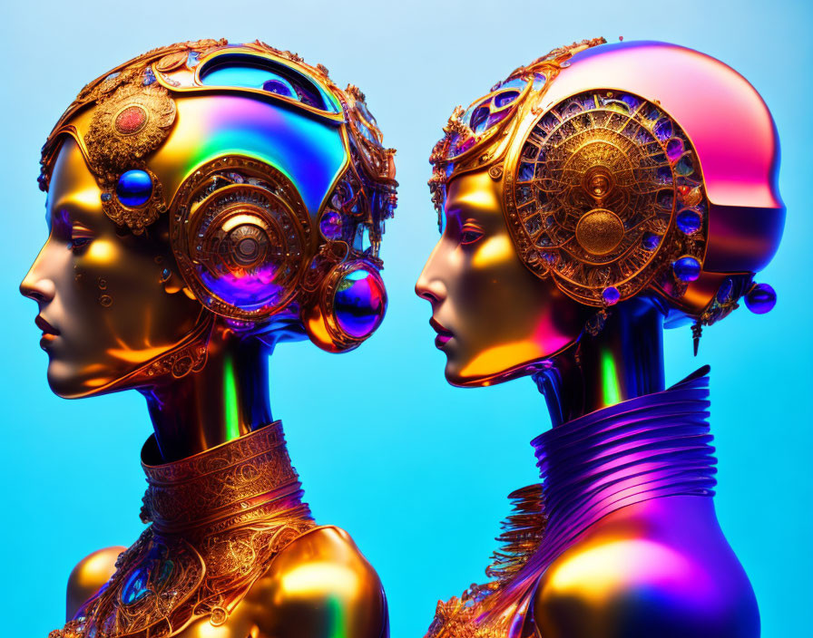 Futuristic robotic heads with metallic details on gradient background