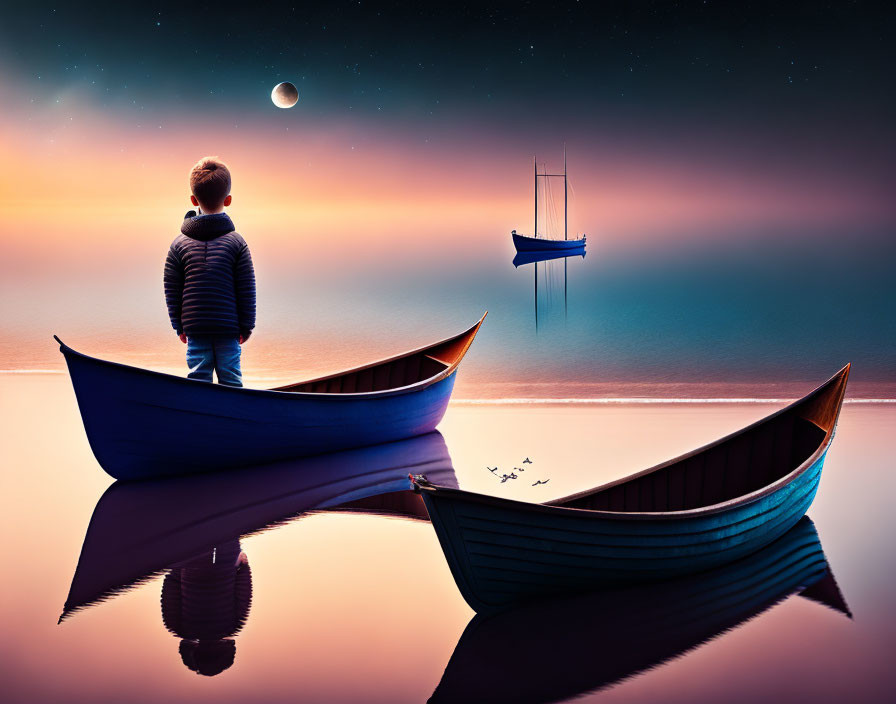Boy in boat gazes at surreal floating boat under starry sky