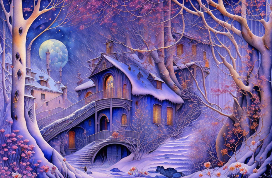 Snow-covered house in winter night with full moon