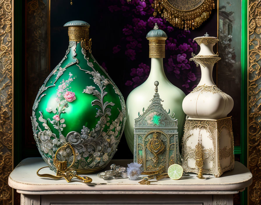 Ornate Vintage Bottles with Intricate Designs and Purple Flowers
