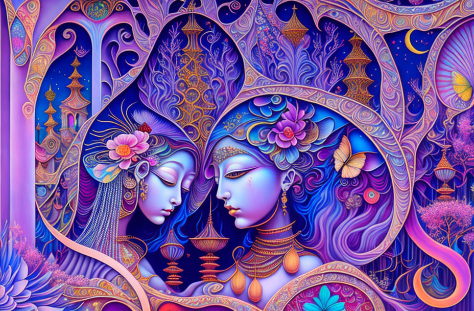 Colorful Psychedelic Illustration of Ethereal Faces in Purple and Blue