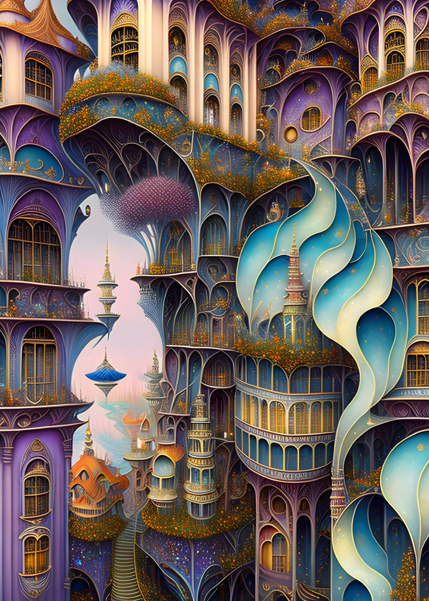 Surrealist illustration of whimsical, ornate buildings in Eastern-Gothic fusion