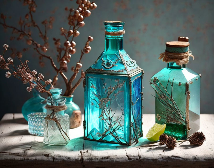 Turquoise Glass Bottles and Botanicals on Wooden Surface