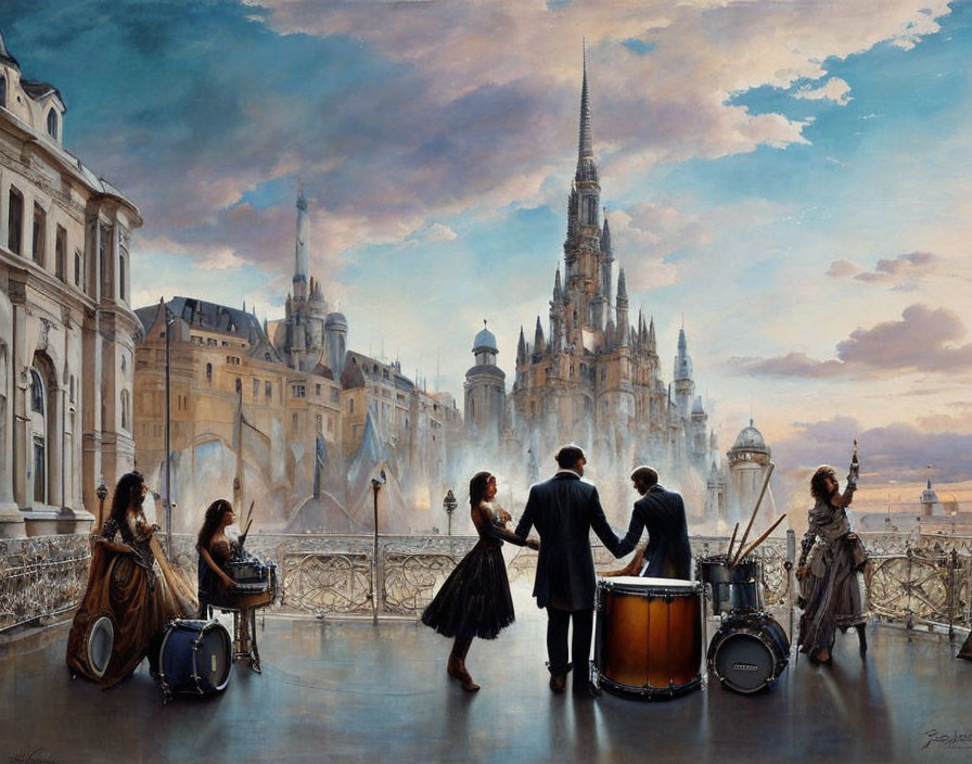 Classical drum musicians in old European cityscape