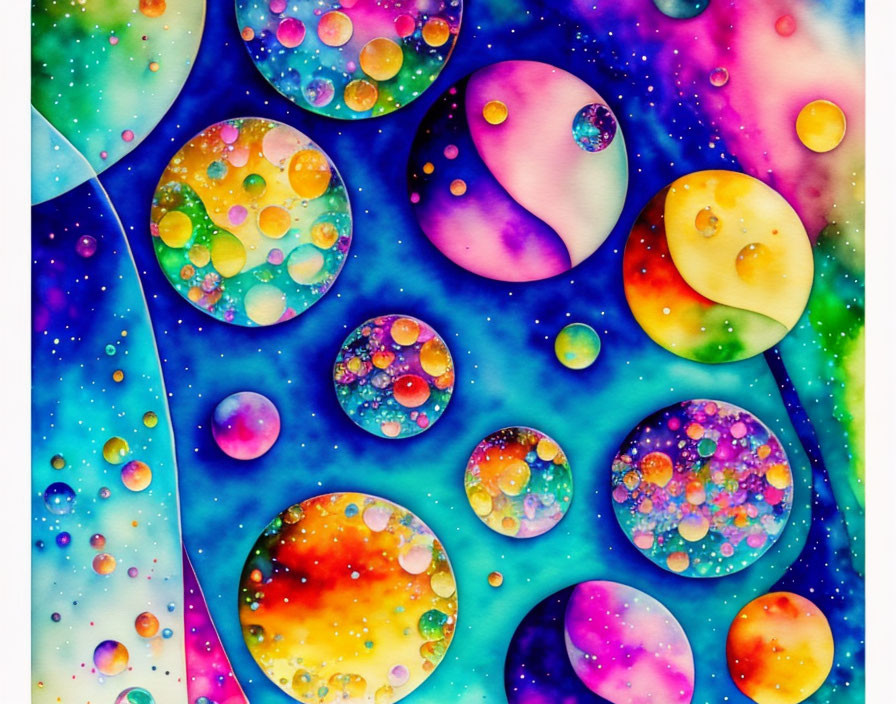 Colorful Watercolor Painting of Translucent Bubbles on Cosmic Background
