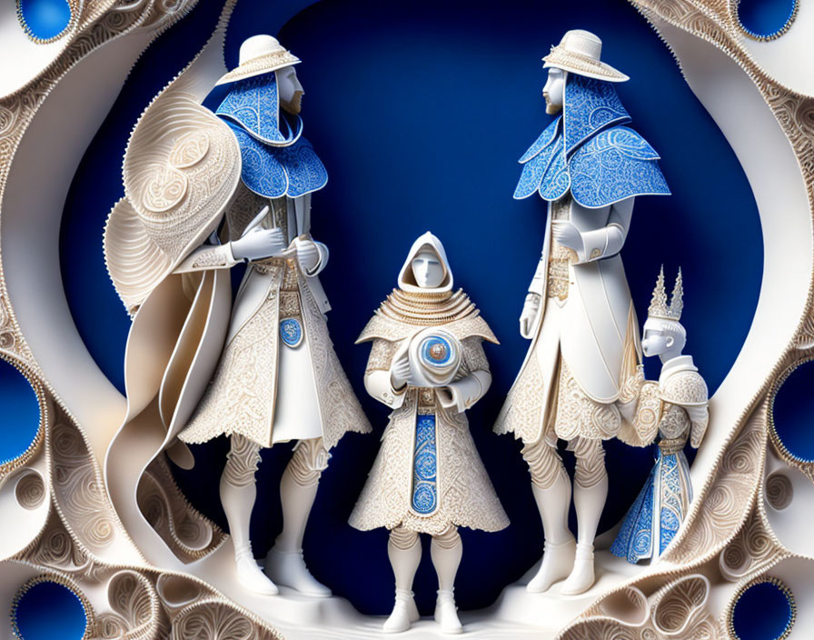 Four knight figures in white and blue armor on fractal background.