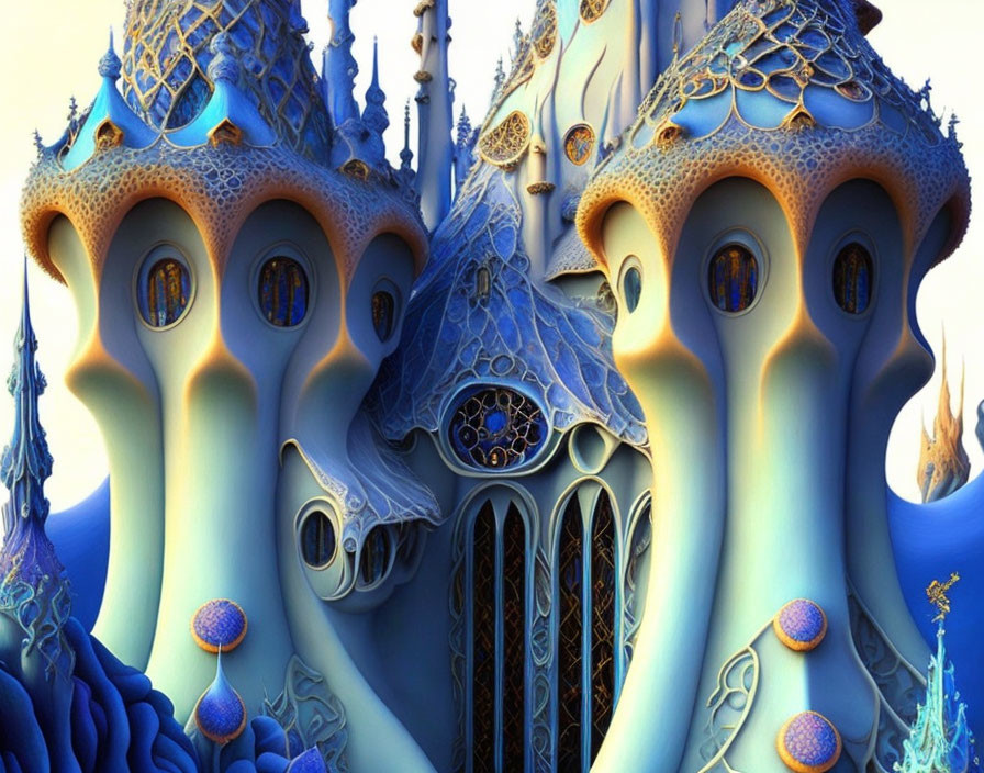 Surreal alien cathedral with blue and orange patterns