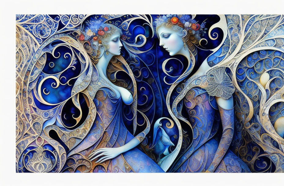Ethereal painting of two women with butterfly wing patterns in blue and gold.