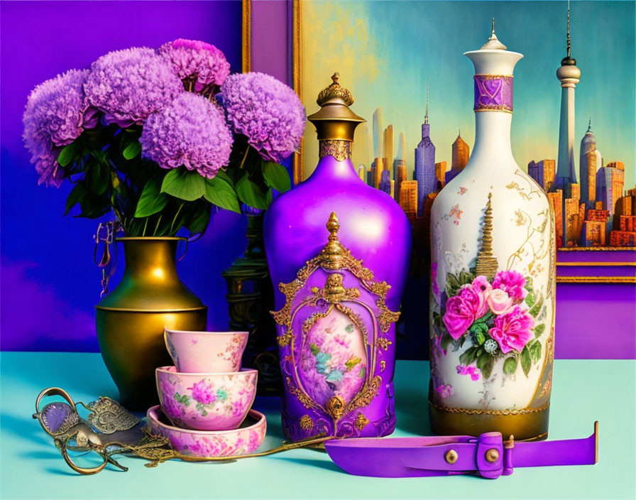 Vibrant still life with vases, teacup set, flowers, and scissors against city