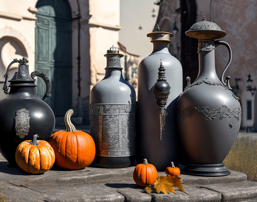 Intricate metal pitchers with autumn decor on outdoor surface