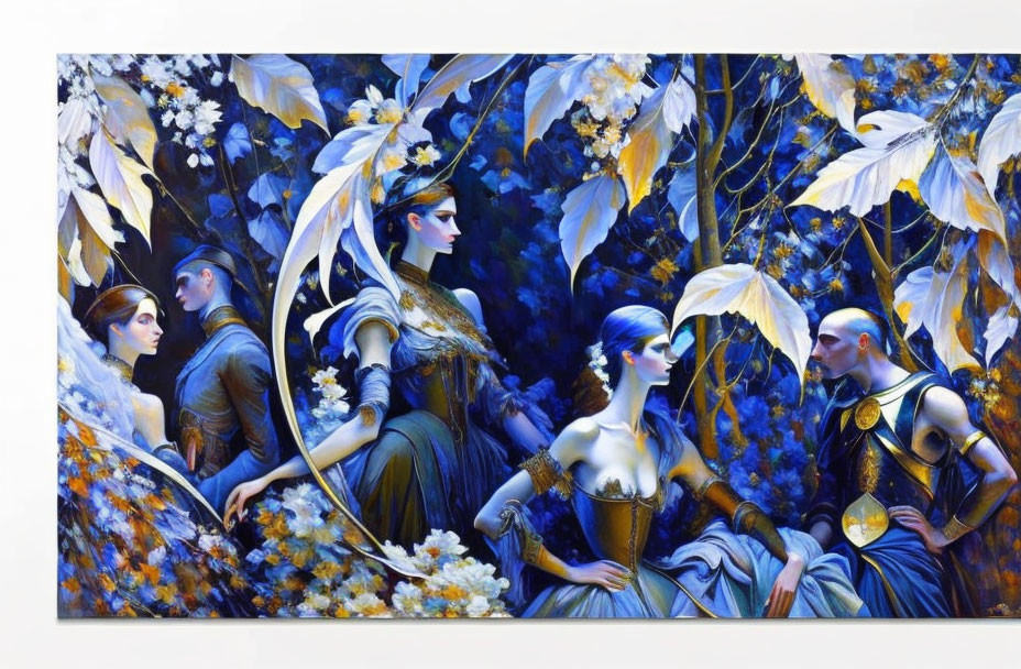 Vivid painting of three figures in lush, floral setting with blue and gold tones