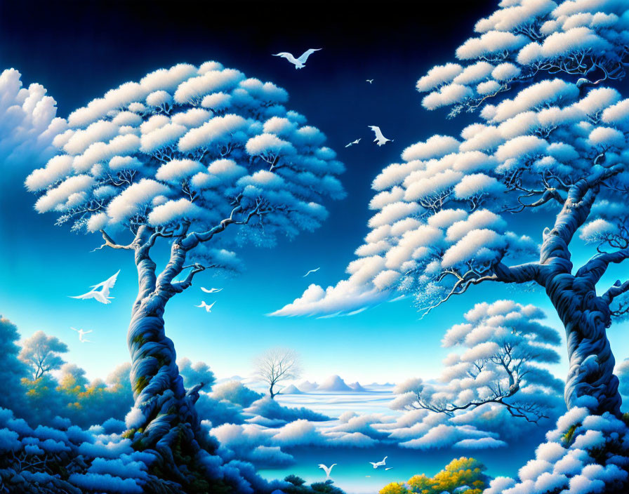 Snow-covered trees and birds in surreal landscape under blue sky