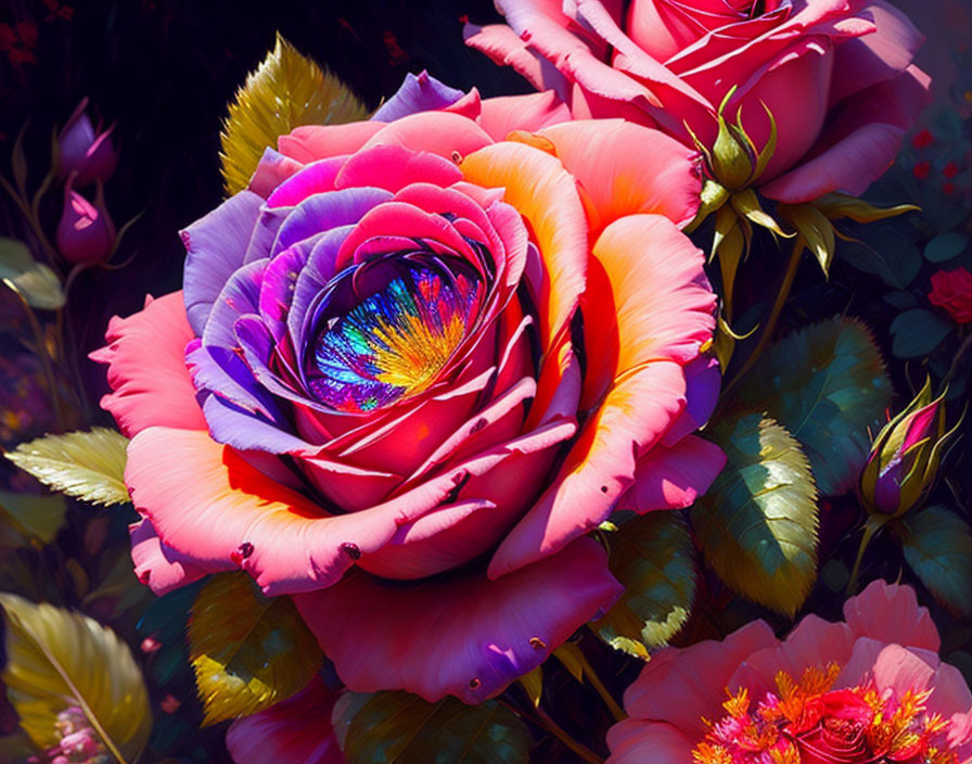 Digitally Altered Rainbow Rose Among Dark Leaves & Florals