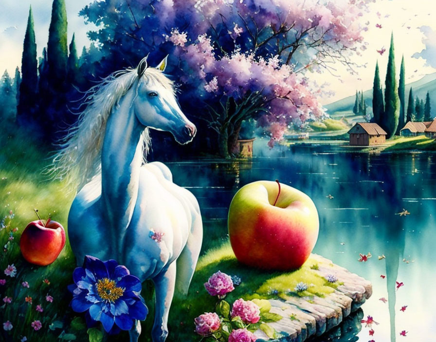 Colorful painting: white horse by lake, oversized apples, flowers, trees, cottages.