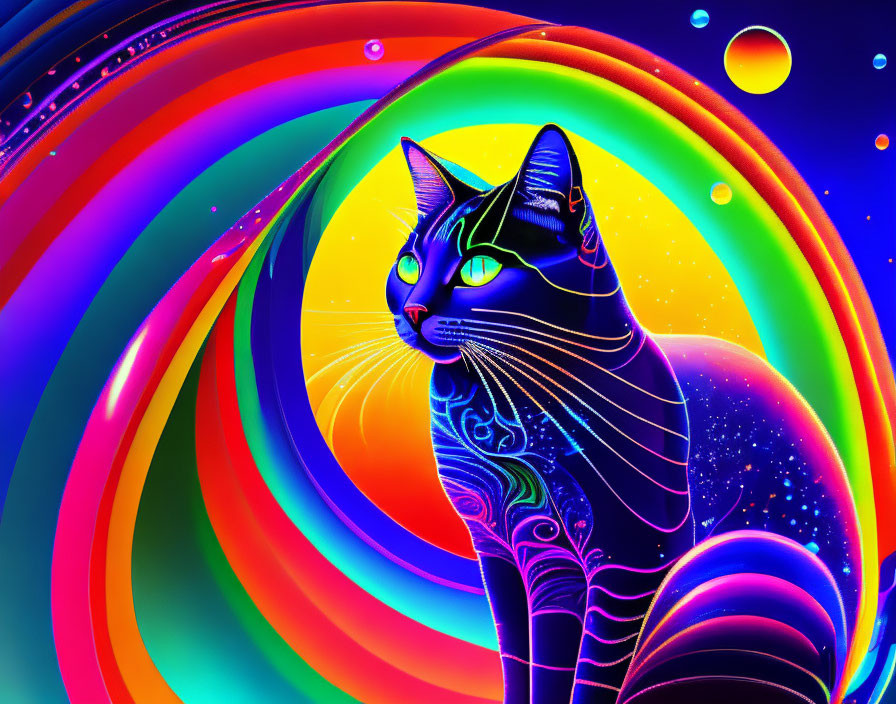 Colorful Psychedelic Black Cat Illustration with Neon Patterns and Cosmic Background