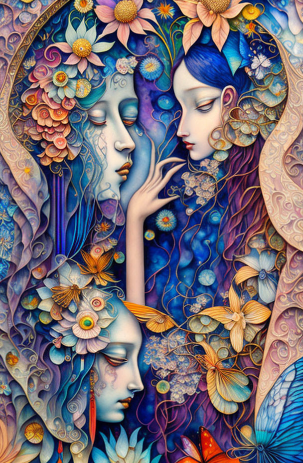 Colorful Artwork Featuring Two Female Figures with Floral Motifs