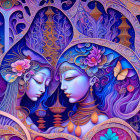 Colorful psychedelic artwork: two faces in profile with intricate cosmic patterns and fantastical architecture.