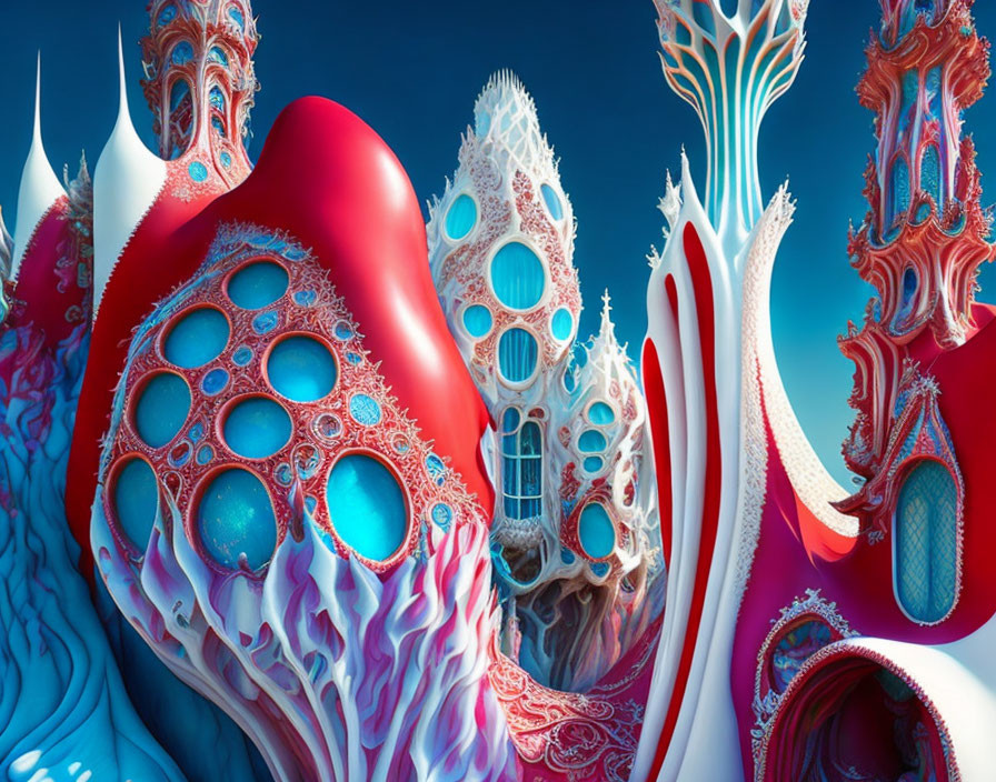Surreal red and blue coral-like landscape with intricate patterns
