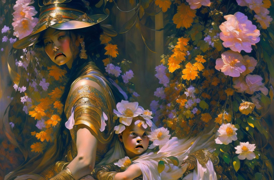 Fantastical painting of two figures in gold with blooming orange flowers