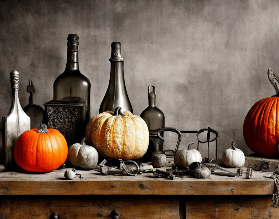 Rustic still life with pumpkins, bottles, garlic, and utensils on wooden table