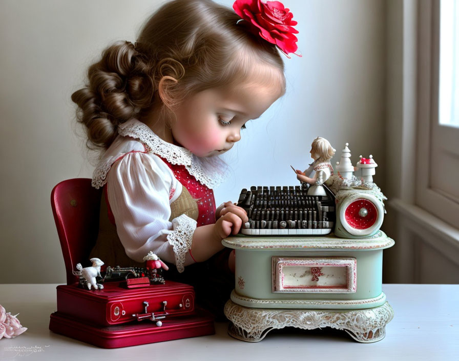 Young girl with braided hair playing miniature black piano surrounded by vintage decor