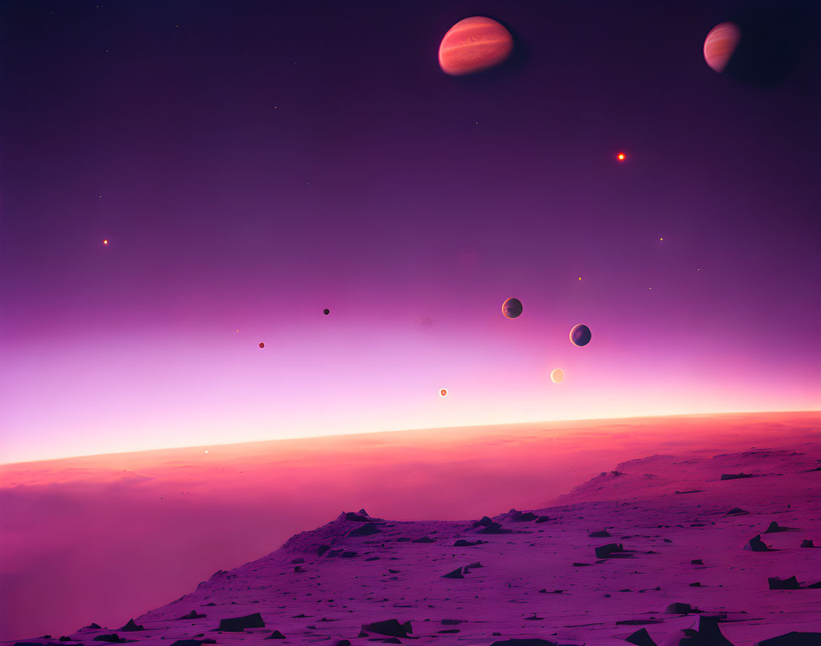 Surreal landscape with purple sky, multiple moons, and rocky terrain