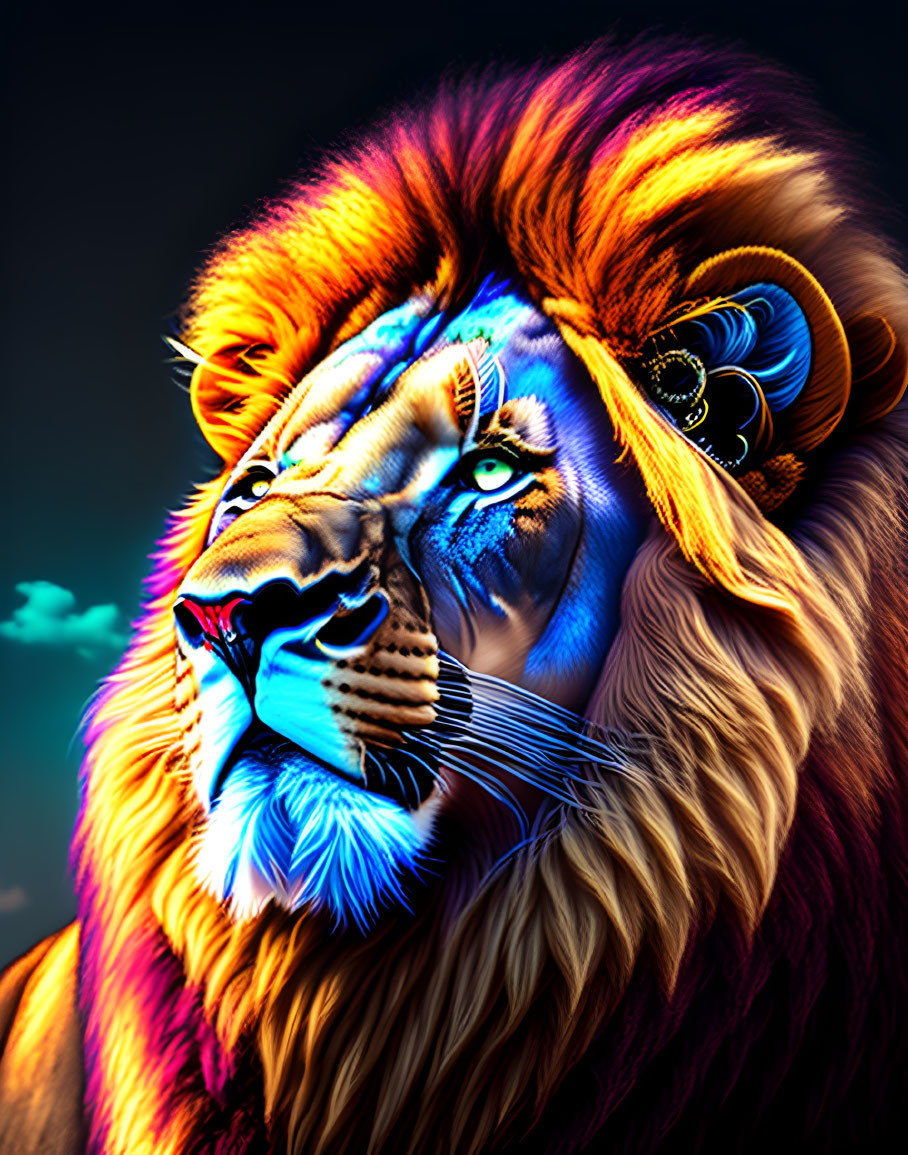Colorful Lion Artwork with Vibrant Mane on Dark Sky