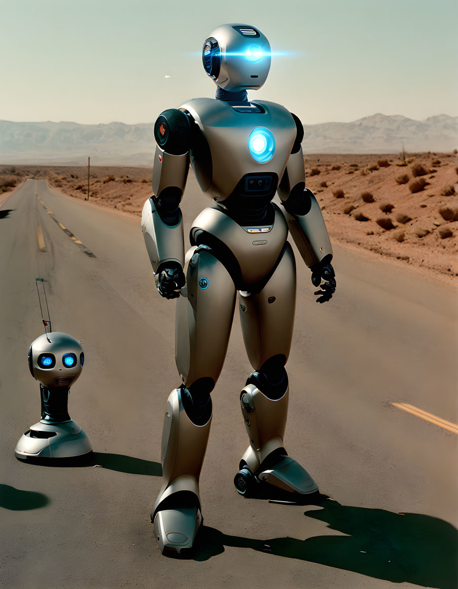 Sleek humanoid robot walking with smaller companion on deserted road